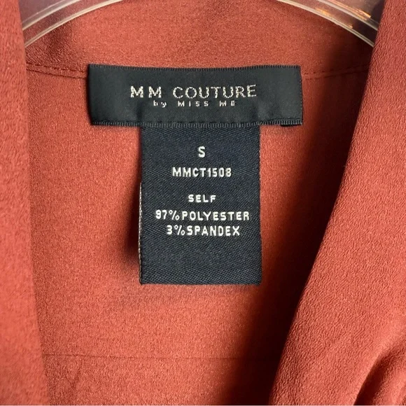 M M Couture Miss Me Rust Blouse w/Ruffle Chest & Smocked Sleeves & Bow Tie Sz M - Picture 3 of 14